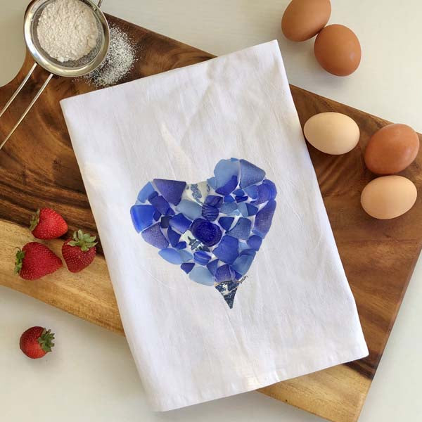 Cobalt Sea Glass Heart Flour Sack Towel